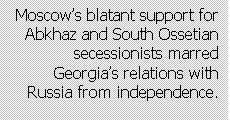 Text Box: Moscow’s blatant support for Abkhaz and South Ossetian secessionists marred Georgia’s relations with Russia from independence.