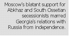 Text Box: Moscow’s blatant support for Abkhaz and South Ossetian secessionists marred Georgia’s relations with Russia from independence.